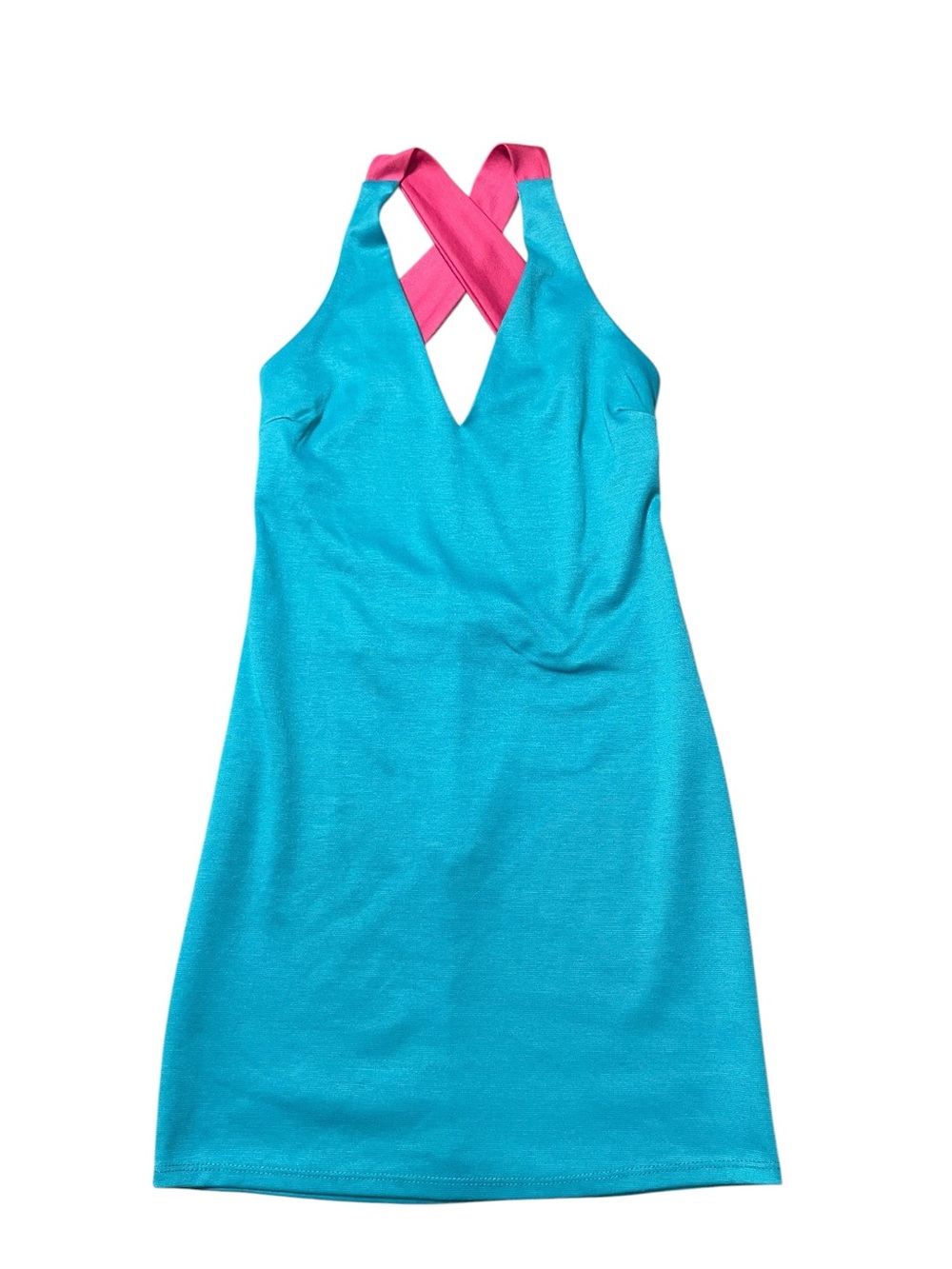 JANICE Vintage Y2K Halter Dress L Turquoise Pink Open Back Zipper Clubwear Mini